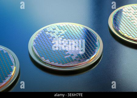 3d rendering silicon wafer plates for semiconductor manufacturing Stock Photo