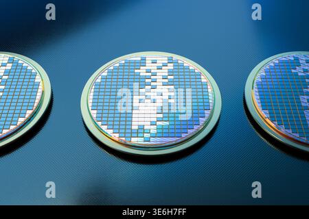 3d rendering silicon wafer plates for semiconductor manufacturing Stock Photo