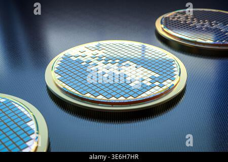 3d rendering silicon wafer plates for semiconductor manufacturing Stock Photo