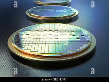 3d rendering silicon wafer plates for semiconductor manufacturing Stock Photo