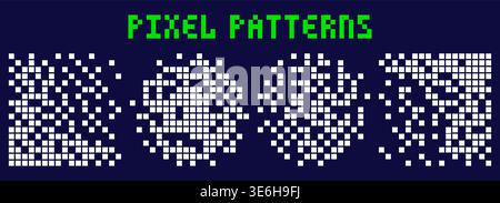 Pixel art white circle and square shape scattered patterns. Stock Vector