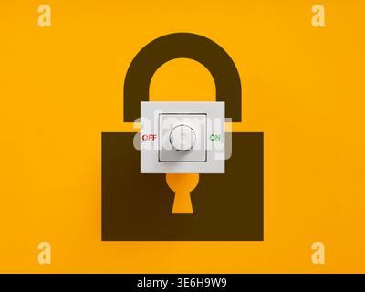 Toggle switch OFF ON centered on a dark lock silhouette over a vibrant yellow background, representing data protection and digital security. Stock Photo