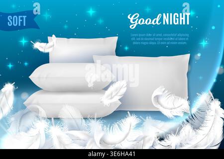 Realistic pillows poster. Light white feathers, soft clean textile product, product presentation banner, bedding and sleep comfort, promo banner with Stock Vector