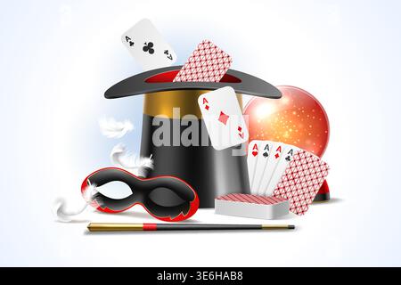 Magical composition. Realistic magician tools, illusionist inventory, wizard entertainment show with props for tricks, mystery performance, 3d hat Stock Vector