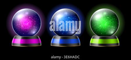 Magic balls. Crystal souvenirs on stands with sparkles and luminous substance, fantasy fortune telling objects for witch or wizard, occult ritual Stock Vector
