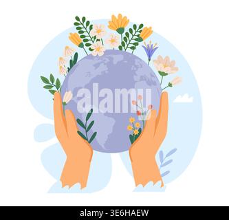 Human hands holding Earth. World environment day, save planet, harmony protection and love, sustainability and nature conservation with flowers and Stock Vector