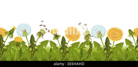 Dandelions seamless border. Summer flowers frame, fluffy yellow plants, horizontal background, floral design, summer or spring meadow plants Stock Vector