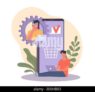 Call center hotline. Customer support, online help, round clock problem solving, online shopping, e-commerce app, order assistance with mobile Stock Vector
