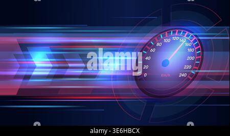 Speedometer background. Glowing dial with arrow and measuring scale, futuristic design, car velocity tablo, futuristic dashboard, neon technology Stock Vector