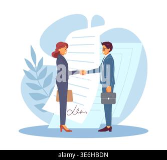 Signing contract. Official document with signature, two business professionals shaking hands agreement, commitments on meeting, vector cartoon flat Stock Vector