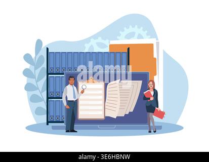 Organized archive. Search for files in database, data storage, examination of documents, laptop with folders and binders, archiving and administrative Stock Vector