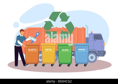 Garbage sorting and recycling. Household waste collection, trash transportation, resource recovery and sustainable waste management, environment Stock Vector