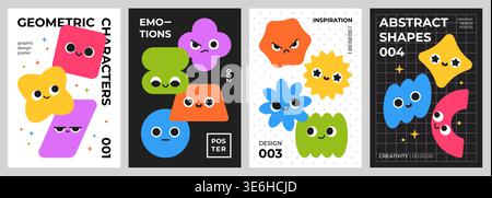 Funny geometric characters cards. Abstract simple shapes design, cute mascots with smiling faces, bright different forms, playful design templates Stock Vector