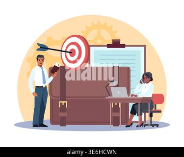 Data analysis. Businessmen calculate strategy, teamwork and brainstorm, goal achievement target, management with documents and briefcase, woman office Stock Vector