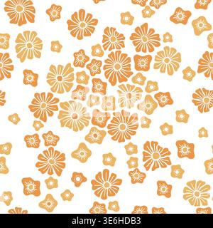 Seamless floral pattern with simple abstract daisy shapes and tiny flowers, light spring background in pastel orange flowers on white Stock Vector