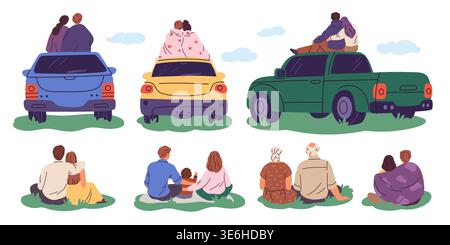 Back view people sitting on cars. Funny characters, wrapped in blankets sit grass, romantic couples outdoor leisure, loving families, social Stock Vector
