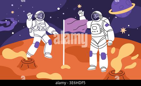 Astronauts characters in open space. People in space suits, flag on new alien planet, cosmos exploration, craters and stars, scientific mission on Stock Vector