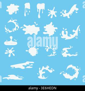 Milk splashes and drops on a blue background. Vector illustration. Milk waves and splashes for dairy product advertising, simple design isolated on a Stock Vector