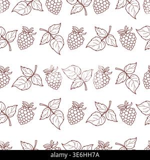 Seamless Pattern with Outline Blackberries Berries and Leaves on White Background. Minimalist Botanical Retro Blackberry and Raspberry Fruit Print. Ve Stock Vector