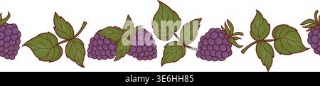 Seamless Border with Ripe Blackberries and Green Leaves. Botanical Fruit Web Divider. Minimalist Berry Horizontal Ribbon. Vector Illustration. Website Stock Vector