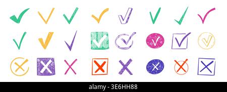 Check mark crayon scribble doodle, chalk texture, checkmark and red cross icon set, circle and square. Tick symbol. sketch checkboxes. Vector illustration Stock Vector