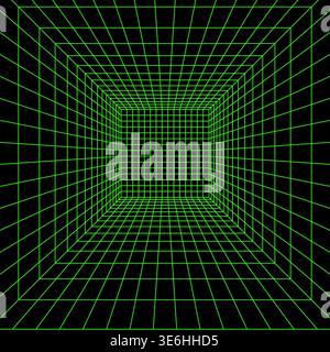Square green neon wireframe in perspective on black background. Quadrangular room or portal grid texture in futuristic cyberpank style. Techno Stock Vector