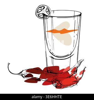 Vector Flatliner alcoholic shot with chili pepper garnish, full and sliced. Red accent on clear spirits or creamy liqueur. Tequila, gin tonic, vodka Stock Vector