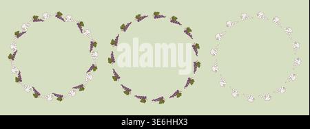 Blackcurrant Round Wreath Set. Mixed Botanical Circle Frame with Currant Currant Berry Branch in Color and Line Art with Empty Copy Space. Isolated Ve Stock Vector