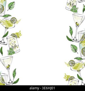 Seamless ink cocktail edges, Martini glass, Mojito, lime Daiquiri or Margarita in green clear tones, flat fills. Hand drawn banner for travel menus Stock Vector