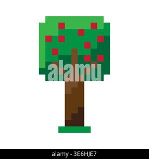 Pixel apple tree. Green foliage Vector. Brown trunk symbol. Red fruit design. Manual vector only. No autotrace used. EPS 10. Stock Vector