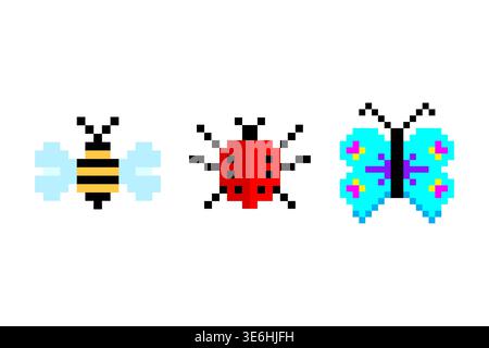 Pixel insect set. Bee ladybug butterfly. Game style Vector. Garden nature art. Manual vector only. No autotrace used. EPS 10. Stock Vector