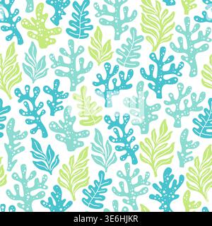 Hand drawn seamless pastel marine pattern with stylized corals, playful ocean themed boho background with pastel turquoise, light green and soft blue Stock Vector