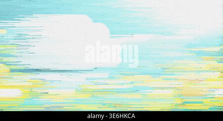 A distorted digital artwork featuring a large white cloud on a blue and yellow gradient background with glitchy texture and horizontal scan lines Stock Photo