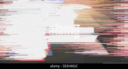 A distorted digital image with a predominantly white and black color scheme, featuring horizontal lines of varying lengths and colors, creating a glit Stock Photo