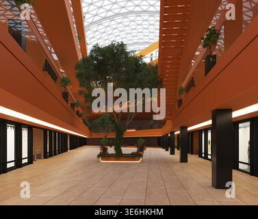 3D render of a modern indoor shopping mall interior with orange walls, a glass skylight, and a central courtyard featuring a large green tree. Stock Photo
