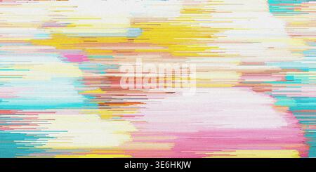 An abstract digital art piece featuring vibrant horizontal streaks of yellow, pink, and turquoise, resembling a colorful glitch or data transmission e Stock Photo