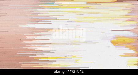 An abstract digital glitch art image featuring horizontal streaks of warm yellow, pink, and white, creating a vibrant, corrupted digital aesthetic. Stock Photo