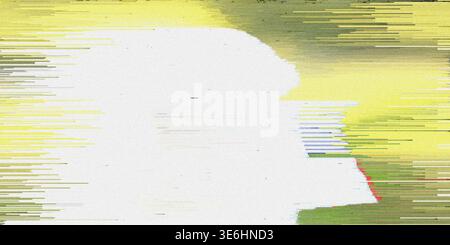 A textured abstract background featuring horizontal digital glitch artifacts, vibrant yellow and green color shifts, and a central white negative spac Stock Photo