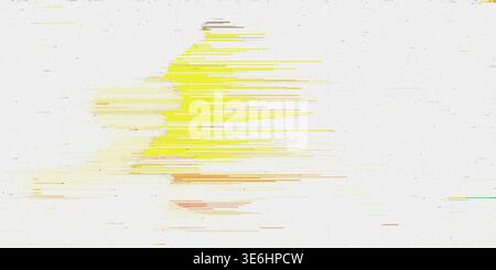An abstract digital glitch art piece characterized by vibrant yellow and orange horizontal streaks and pixelated noise against a light textured backgr Stock Photo