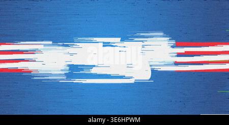 An abstract digital art piece featuring a vibrant blue background with intense white horizontal glitch effects and red accents, creating a dynamic tex Stock Photo