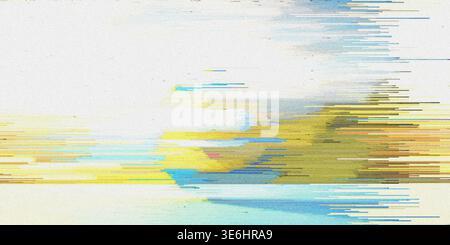 A dynamic digital glitch art piece featuring vibrant horizontal streaks of blue, yellow, and gold, creating a sense of motion and data corruption. Stock Photo