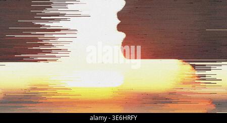 A creative digital art piece featuring a human silhouette profile integrated with horizontal glitch effects and warm sunset color gradients. Stock Photo
