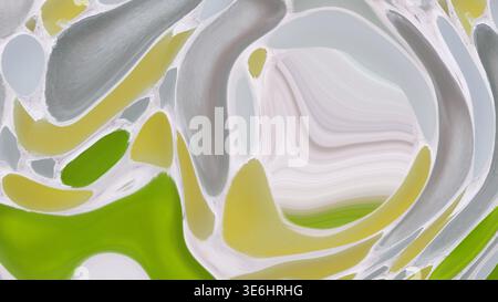 Abstract fluid art creating an organic pattern with green, yellow, grey, and white liquid swirls Stock Photo