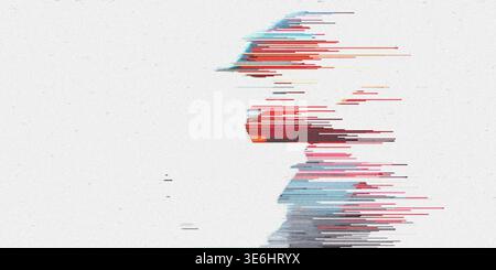 A vibrant digital art piece showing a silhouette-like form created by colorful horizontal glitch lines in red, blue, and grey tones. Stock Photo