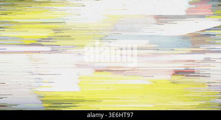 A vibrant abstract digital glitch art piece characterized by horizontal streaks of yellow, pink, and blue, with a grainy, distorted aesthetic. Stock Photo