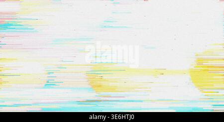 A vibrant digital glitch art texture featuring horizontal streaks of yellow, blue, and pink colors against a textured white background. Stock Photo