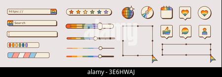 Retro computer UI element set with rainbow pride gradients. Nostalgic 90s internet browser bars, search fields, loading sliders, social icons for Stock Vector