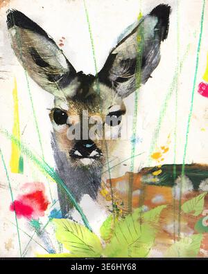 Young deer face on a mixed media canvas creating a vibrant and expressive animal illustration, blending artistic splatters and textured strokes with natural elements. Animal parables and Fox fables 1966 Stock Photo