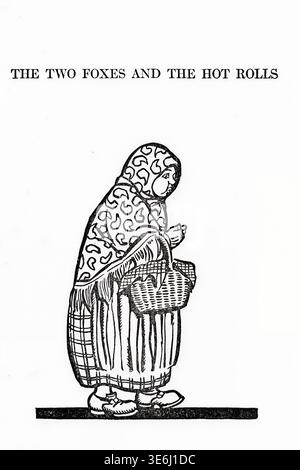 The two foxes and the hot rolls - Woman in patterned headscarf and long skirt walking with a full woven basket, illustrating a classic fairy tale about two foxes and fresh baked goods. Illustrated by Frank A. Nankivell from  A book of fairy-tale foxes; selections from favorite folk-lore stories edited by Clifton Johnson, 1914 Stock Photo