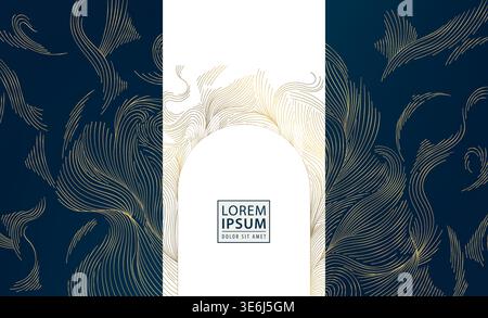 Elegant gold Art Nouveau arch frame, cards, labels, ornate line details on dark background. Luxury vector design vintage baroque flourishes, Ramadan Stock Vector